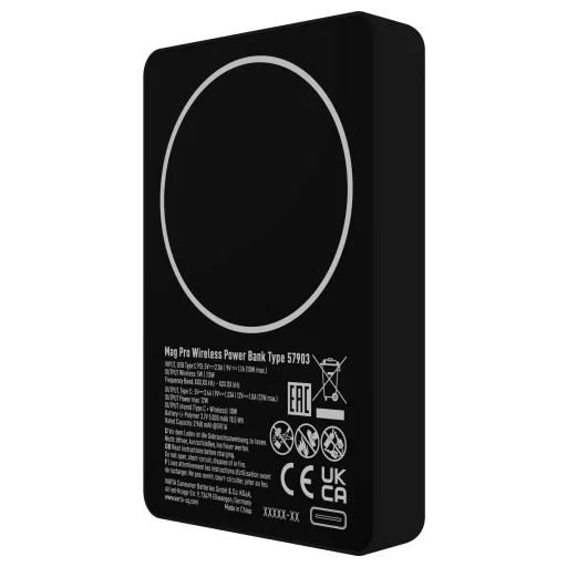 Varta 57903 Powerbank 5000 mAh Magsafe, Qi Wireless Charging LiPo Fekete állapotjelző