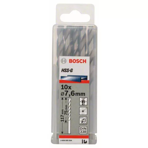 Bosch Accessories 2608585504 HSS Fém spirálfúró 7.6 mm Teljes hossz 117 mm Csiszolt DIN 338 Hengeres befogószár 10 db