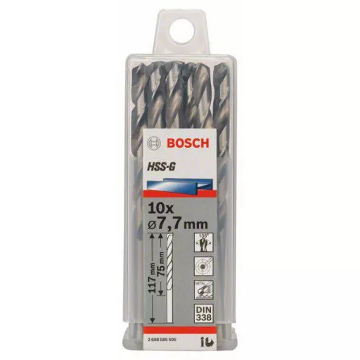 Bosch Accessories 2608585505 HSS Fém spirálfúró 7.7 mm Teljes hossz 117 mm Csiszolt DIN 338 Hengeres befogószár 10 db