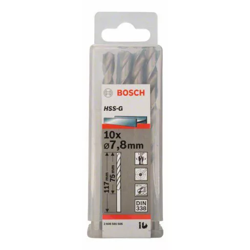 Bosch Accessories 2608585506 HSS Fém spirálfúró 7.8 mm Teljes hossz 117 mm Csiszolt DIN 338 Hengeres befogószár 10 db