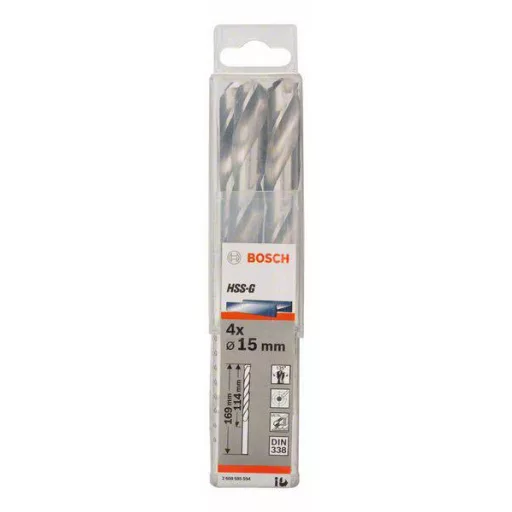 Bosch Accessories 2608585594 HSS Fém spirálfúró 15 mm Teljes hossz 169 mm Csiszolt DIN 338 Hengeres befogószár 4 db