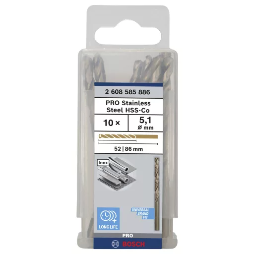 Bosch Accessories 2608585886 HSS Fém spirálfúró 5.1 mm Teljes hossz 86 mm Kobalt DIN 338 Hengeres befogószár 10 db