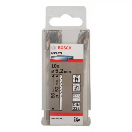 Bosch Accessories 2608585887 HSS Fém spirálfúró 5.2 mm Teljes hossz 86 mm Kobalt DIN 338 Hengeres befogószár 10 db