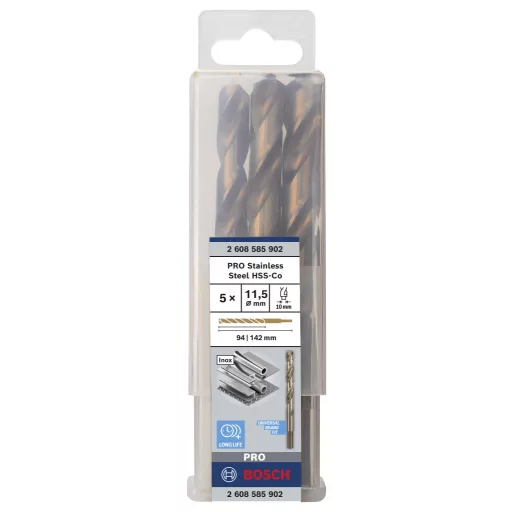 Bosch Accessories 2608585902 HSS Fém spirálfúró 11.5 mm Teljes hossz 142 mm Kobalt DIN 338 Hengeres befogószár 5 db