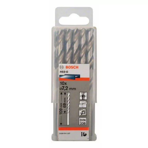 Bosch Accessories 2608595337 HSS Fém spirálfúró 7.2 mm Teljes hossz 109 mm Csiszolt DIN 338 Hengeres befogószár 10 db