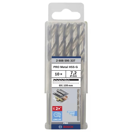 Bosch Accessories 2608595337 HSS Fém spirálfúró 7.2 mm Teljes hossz 109 mm Csiszolt DIN 338 Hengeres befogószár 10 db