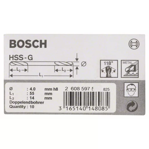 Bosch Accessories 2608597588 HSS Kétvégű fúró 4 mm Teljes hossz 55 mm Csiszolt Hengeres befogószár 10 db