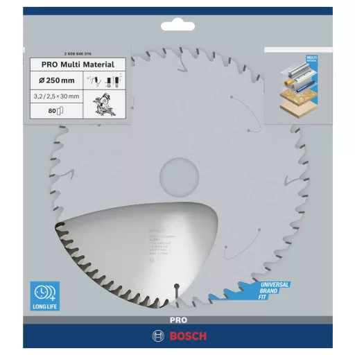 Bosch Accessories Multi Material 2608640516 Keményfém körfűrészlap 250 x 30 x 3.2 mm Fogak száma (collonként): 80 1 db