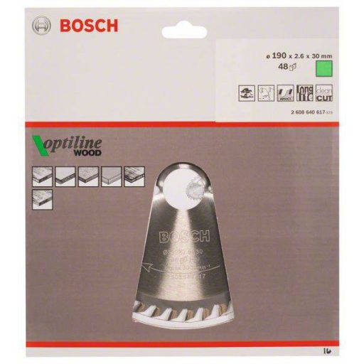 Bosch Accessories Optiline 2608640617 Keményfém körfűrészlap 190 x 30 x 2.6 mm Fogak száma (collonként): 48 1 db