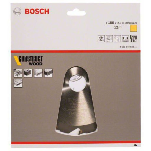 Bosch Accessories Construct Wood 2608640632 Keményfém körfűrészlap 180 x 30 x 2.6 mm Fogak száma (collonként): 12 1 db