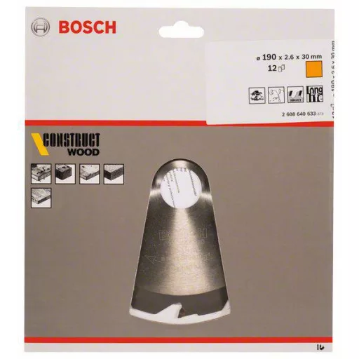 Bosch Accessories Construct Wood 2608640633 Keményfém körfűrészlap 190 x 30 x 2.6 mm Fogak száma (collonként): 12 1 db