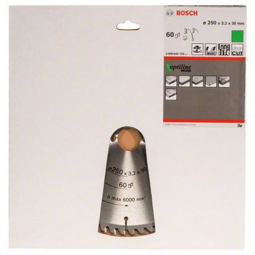 Bosch Accessories Optiline Wood 2608640729 Keményfém körfűrészlap 250 x 30 x 3.2 mm Fogak száma (collonként): 60 1 db