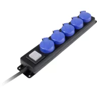   Kapcsolós hálózati elosztó, 5 részes, 4,5 m, IP44, fekete/kék, H07RN-F 3G 1,5 mm², AS Schwabe 38605