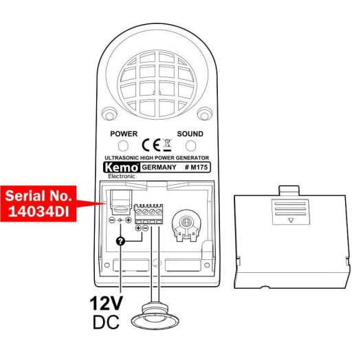 Ultrahangos rágcsáló-, rovar-, élősködő-, és madárriasztó, 12V, 100 m², Kemo M175