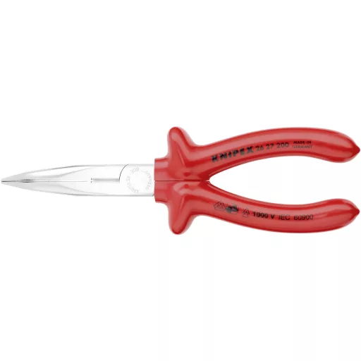 Fél-kerek csőrű fogó vágóéllel (gólyacsőr fogó) 200 mm, lapos, hosszú pofa, hajlított 40°, Knipex 26 27 200