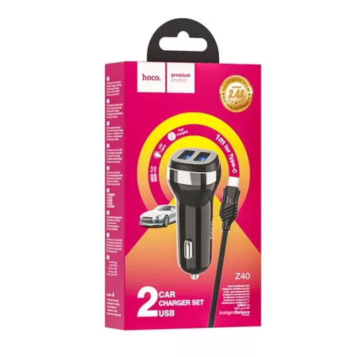 HOCO Z40 autós töltő 2 USB aljzat 12W, LED jelzés + lightning kábel, FEKETE