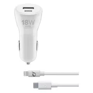   CELLULARLINE autós töltő USB+Type-C aljzat 18+12W, gyorstöltő + Type-C - lightning kábel, FEHÉR