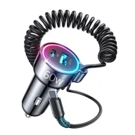   JOYROOM autós töltő USB+Type-C aljzat 55W, PD gyorstöltő 3.0 + fix Type-C kábel, FEKETE