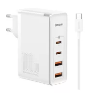   BASEUS hálózati töltő 2 USB+2 Type-C aljzat 100W, PD gyorstöltő 4.0 + Type-C kábel, FEHÉR