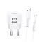 USAMS T20 hálózati töltő 2 USB aljzat 10W, gyorstöltő + microUSB kábel, FEHÉR