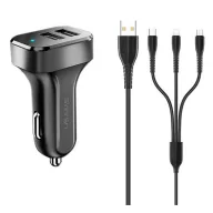   USAMS KING TU C13 autós töltő 2 USB aljzat 10W, LED jelzés + lightning/microUSB/Type-C kábel, FEKETE