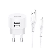   USAMS T20 hálózati töltő 2 USB aljzat 10W, gyorstöltő + lightning kábel, FEHÉR