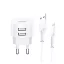 USAMS T20 hálózati töltő 2 USB aljzat 10W, gyorstöltő + lightning kábel, FEHÉR