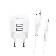   USAMS T20 hálózati töltő 2 USB aljzat 10W, gyorstöltő + Type-C kábel, FEHÉR