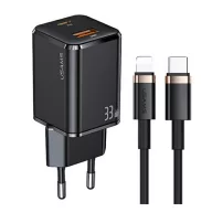   USAMS T43 hálózati töltő USB+Type-C aljzat 33W, PD gyorstöltő 3.0 + lightning kábel, FEKETE
