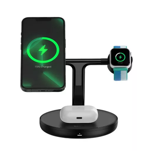 iPhone 17e / 17 Pro Max / 17 Pro BASEUS asztali töltőállvány 3in1 15W, Apple Watch töltő, FEKETE