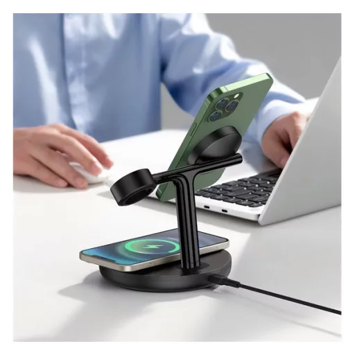 iPhone 17e / 17 Pro Max / 17 Pro BASEUS asztali töltőállvány 3in1 15W, Apple Watch töltő, FEKETE