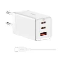   BASEUS hálózati töltő USB+2 Type-C aljzat 65W, PD gyorstöltő + Type-C kábel, FEHÉR