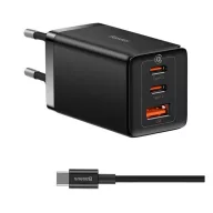   BASEUS hálózati töltő USB+2 Type-C aljzat 65W, PD gyorstöltő + Type-C kábel, FEKETE