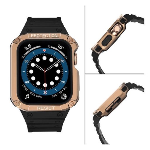 Apple Watch Series 9 41mm / SE 2 40mm GIGAPACK Pótszíj egyedi méret, ütésállóság + szilikon keret, FEKETE/ROZÉARANY