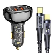   USAMS autós töltő 2 USB+Type-C aljzat 80W, gyorstöltő + Type-C kábel, FEKETE