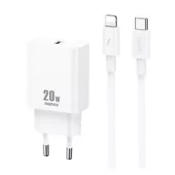   REMAX PRIME II hálózati töltő Type-C aljzat 20W, PD gyorstöltő + Type-C - lightning kábel, FEHÉR