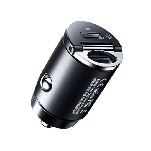 REMAX MINI autós töltő USB+Type-C aljzat 30W, PD gyorstöltő, FEKETE