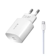   DEVIA hálózati töltő Type-C aljzat 25W, gyorstöltő + Type-C kábel, FEHÉR