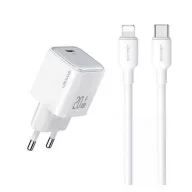   USAMS hálózati töltő Type-C aljzat 20W, PD gyorstöltő 3.0 + Type-C - lightning kábel, FEHÉR