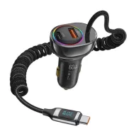   USAMS autós töltő USB+Type-C aljzat 30W, RGB + fix Type-C kábel, FEKETE
