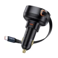   BASEUS ENJOYMENT PRO autós töltő Type-C aljzat 60W, PD gyorstöltő 3.0 + csévélhető lapos Type-C kábel, FEKETE