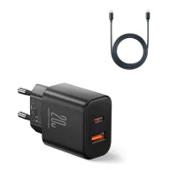   JOYROOM hálózati töltő USB+Type-C aljzat 20W, PD gyorstöltő + Type-C kábel, FEKETE