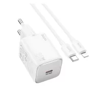   HOCO SPINNER hálózati töltő Type-C aljzat 20W, PD gyorstöltő 3.0 + lightning kábel, FEHÉR