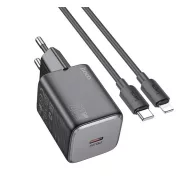   HOCO SPINNER hálózati töltő Type-C aljzat 20W, PD gyorstöltő 3.0 + lightning kábel, FEKETE