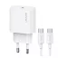 USAMS T65 hálózati töltő Type-C aljzat 20W, PD gyorstöltő + Type-C kábel, FEHÉR
