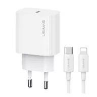   USAMS T65 hálózati töltő Type-C aljzat 20W, PD gyorstöltő + lightning kábel, FEHÉR