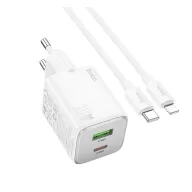   HOCO N41 hálózati töltő USB+Type-C aljzat 20W, PD gyorstöltő 3.0 + lightning kábel, FEHÉR