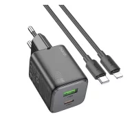   HOCO N41 hálózati töltő USB+Type-C aljzat 20W, PD gyorstöltő 3.0 + lightning kábel, FEKETE