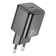   AWEI PD65-EU hálózati töltő 2 Type-C aljzat 35W, PD gyorstöltő, FEKETE