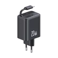   USAMS YC hálózati töltő Type-C aljzat 20W, csévélhető Type-C kábel, FEKETE